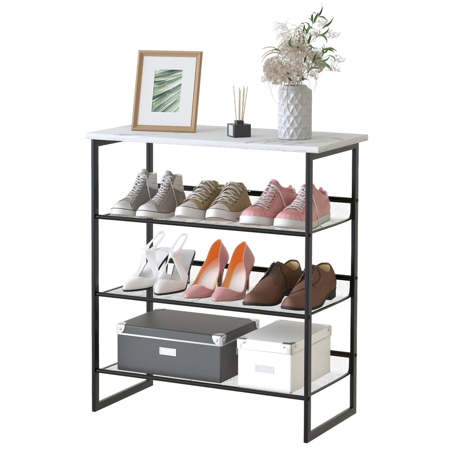 Garden 4 you 4 Tiers White Marble Shoe Rack,Freestanding Organizer Multi-Purpose Adjustable Flat and Slant Storage Rack Shoe Shelf, High Heels Potted Plant for Entryway Hallway Living Room Closet