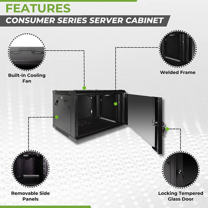 NavePoint 6U Server Rack Enclosure with Glass Door, Cooling Fan, Locks, & Removable Side Panels - 6U Wall Mount Network Cabinet 19 Inch Rack 17.7 Inches Deep