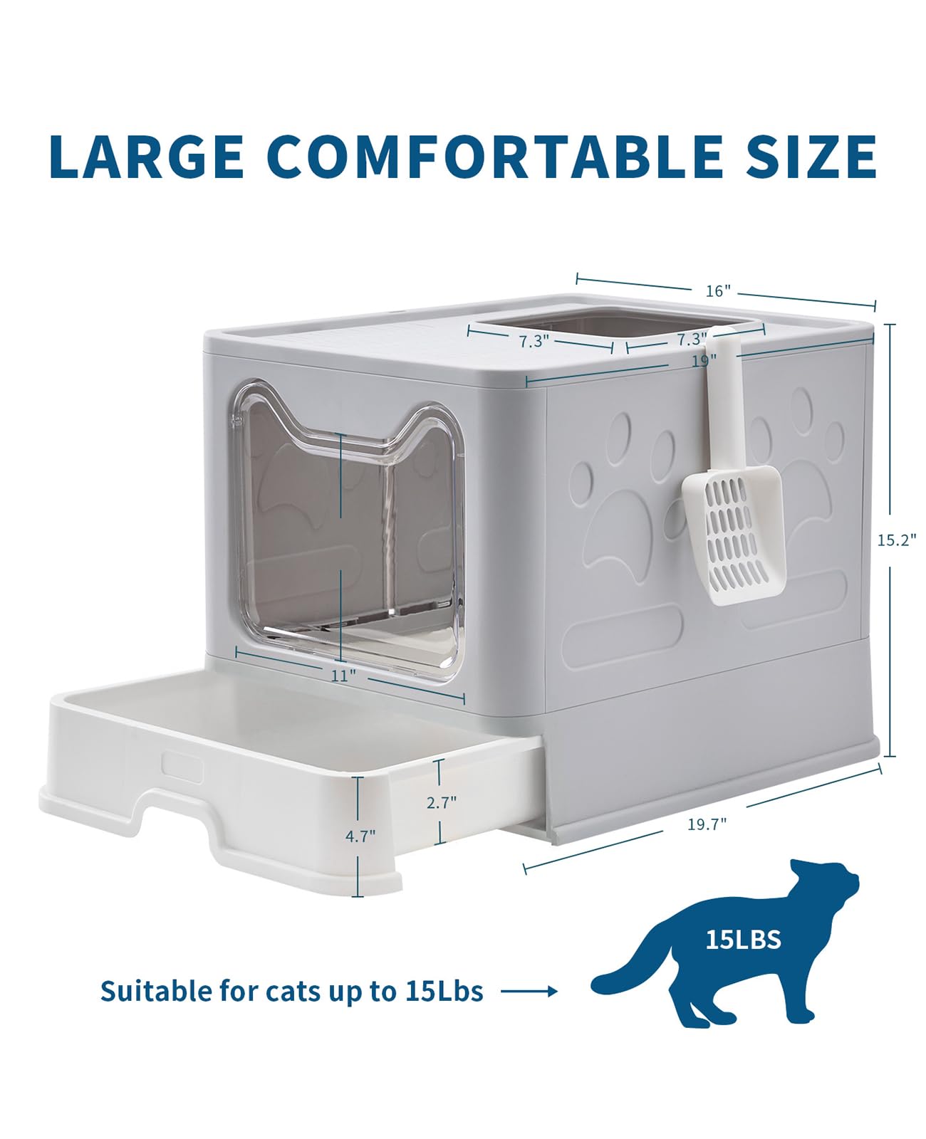 Medario Cat Litter Box with Litter Mat and Scoop, Large Foldable Litter Box with Lid, Front Entry Top Exit Kitty Box, Odor Control, Easy to Clean (Grey)