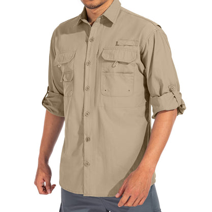 linlon Mens Safari Shirts Long Sleeve UV Protection Hiking Fishing UPF 50+ Quick Dry Cooling Camping Travel Shirts#5066-Khaki-XL
