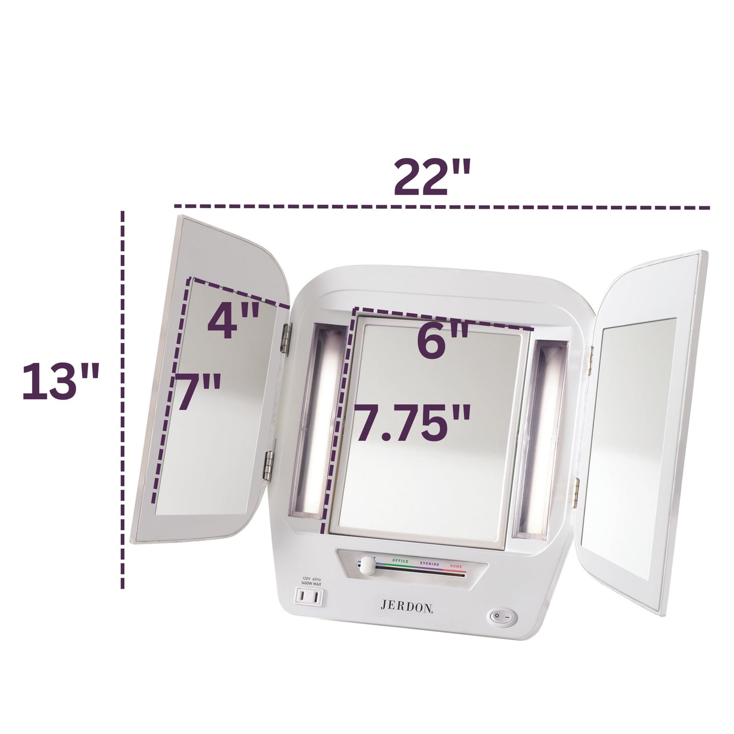 JERDON Modern Tri-Fold Makeup Mirror with Lights - Vanity Mirror with 5X Magnification & Multiple Light Settings - White Base - Model JGL10W