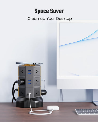 Power Strip Tower, SUPERDANNY Surge Protector Tower with 15W Wireless Charger, 1050J, 13A Charging Station with 12 AC Outlets & 6 USB Ports (2 USB C), 6.5ft Extension Cord for Home Office Dorm, Gold