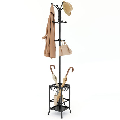 Hoctieon Coat Rack Freestanding, Entryway Hanger Stand, Umbrella Holder, Hall Tree With 12 Hooks, Floor Standing Metal Tree Stand, Black
