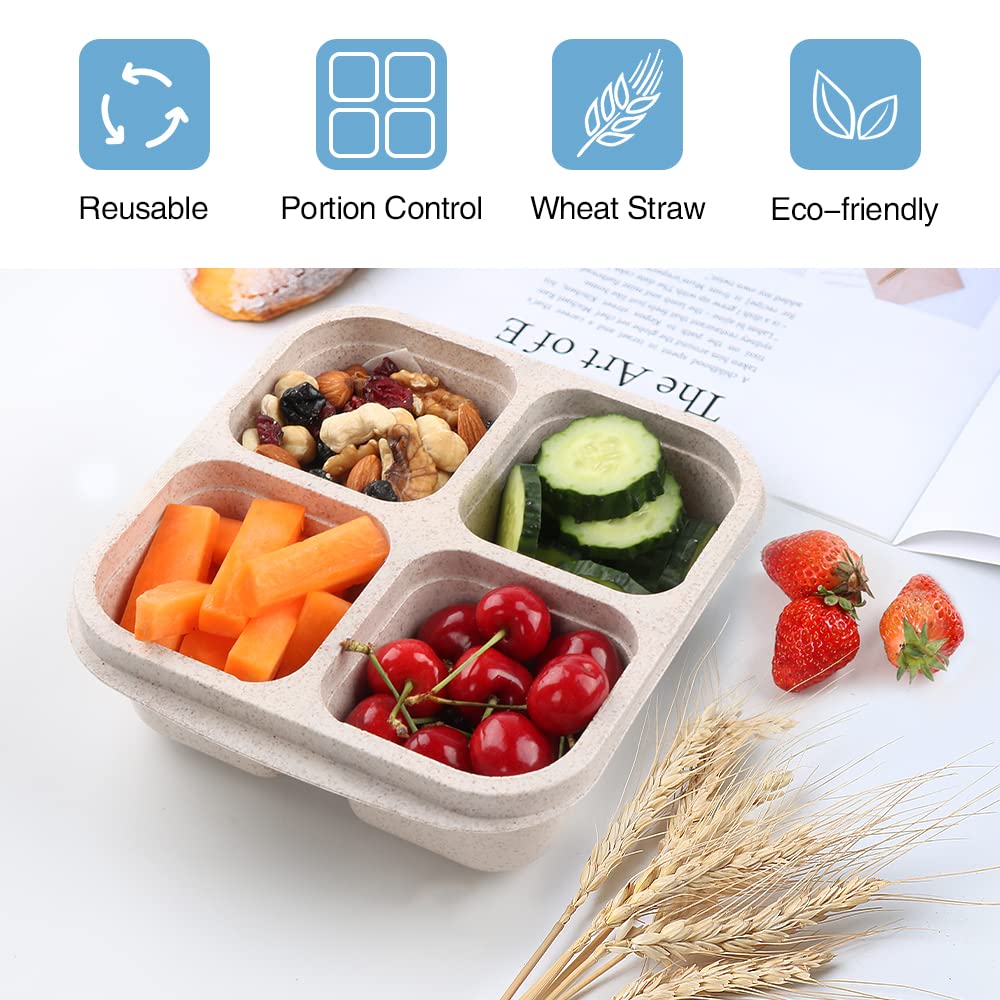 Lvcksturoge 4 Pack Snack Containers, 4 Compartments Bento Snack Box, Reusable Meal Prep Lunch Containers for Kids Adults, Divided Food Storage Containers for School Work Travel