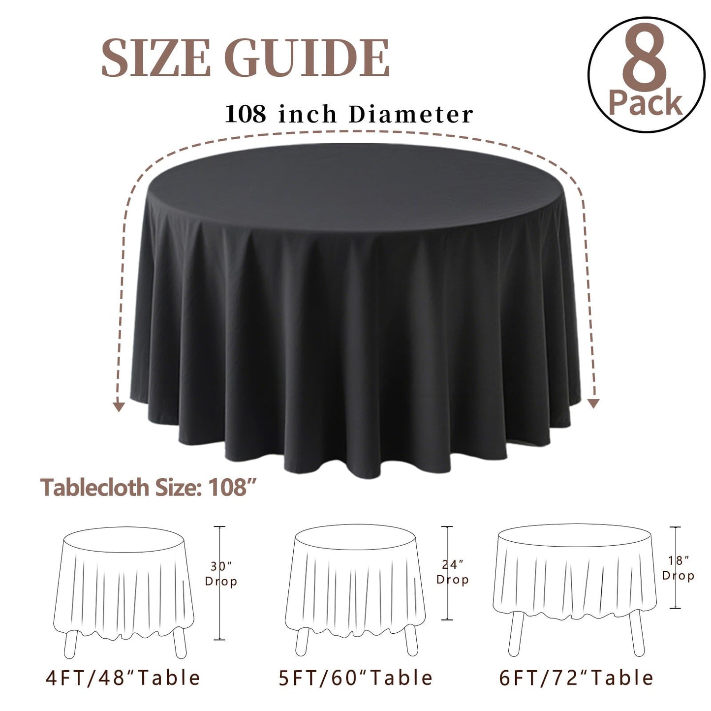 RestfulGlow 8 Pack Round Tablecloth 108 Inch Black Table Cloth for Round Tables, Washable Polyester Tablecloth Stain and Wrinkle Resistant Decorative Table Cover for Wedding Party Dining Banquet
