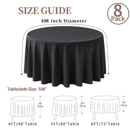 RestfulGlow 8 Pack Round Tablecloth 108 Inch Black Table Cloth for Round Tables, Washable Polyester Tablecloth Stain and Wrinkle Resistant Decorative Table Cover for Wedding Party Dining Banquet
