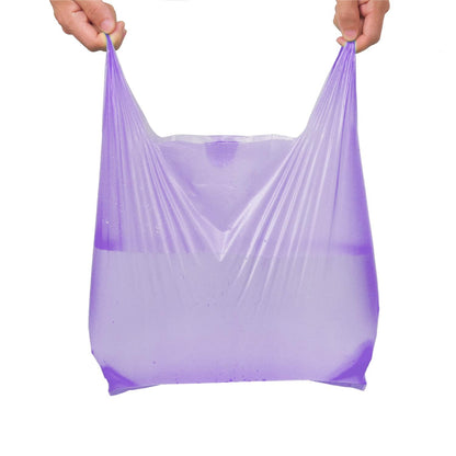 LazyMe T-Shirt Carry-Out Bags Plastic Grocery Bags with Handles Shopping Bags in Bulk Restaurant Bags, Standard Supermarket Size,12 x 20 inch (Purple 100 Pcs)