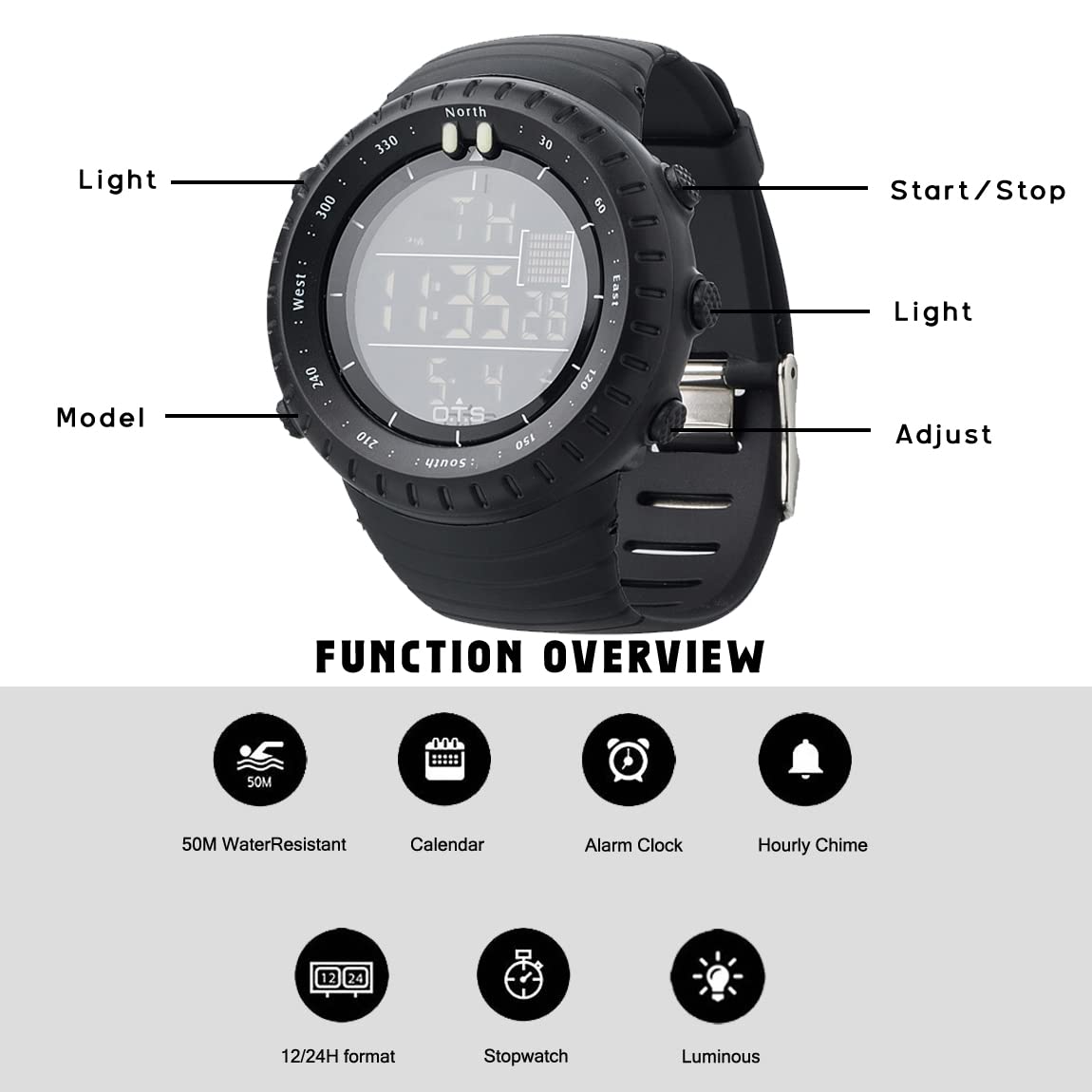 PALADA Men's Digital Sports Watch Waterproof Tactical Watch with LED Backlight Watches for Men (Black)