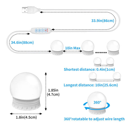 LED Vanity Mirror Lights with 12 Stick On Dimmable Bulbs, 3000K 4500K 6500K & 10 Brightness Levels Adjustable, Plug in USB Cable, Hollywood Style Mirror Lights for Makeup Desk Bathroom Dressing Room