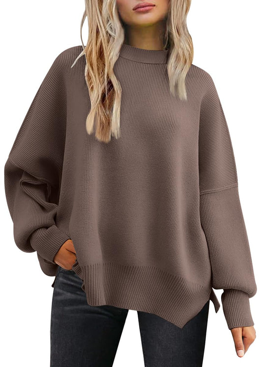 LILLUSORY Women's Oversized Batwing Sweaters 2025 Fall Outfits Trendy Crewneck Knit Side Slit Fashion Pullover Tops Nutmeg L