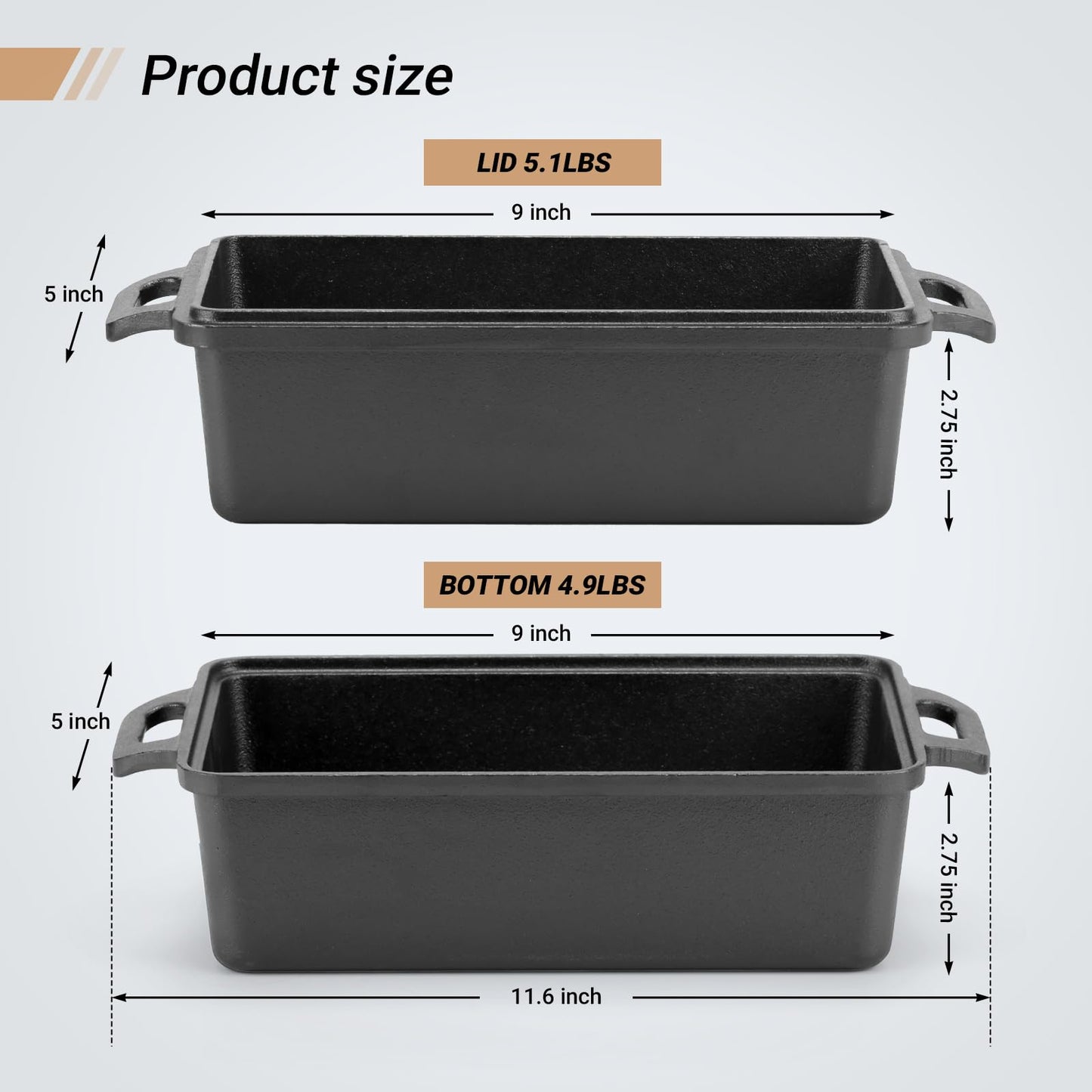 9×5 Inch Cast Iron Loaf Pan with Lid | Bread Baking Pans | Even Heat Distribution for Homemade Bread, Cake, Meatloaf, 2 Piece Set