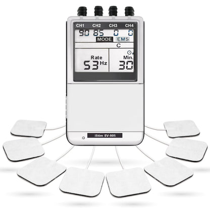 iSTIM EV-805 TENS EMS 4 Channel Rechargeable Combo Machine Unit - Muscle Stimulator + Back Pain Relief and Management- 24 Programs/Backlit (Including Electrodes Pads)