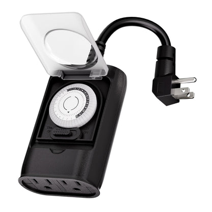 K KASONIC - Outdoor Light Timer Outlet, 24 Hour Mechanical Switch, Heavy Duty Plug in Timer Waterproof with 2 Grounded Outlet, ETL Listed (Black)