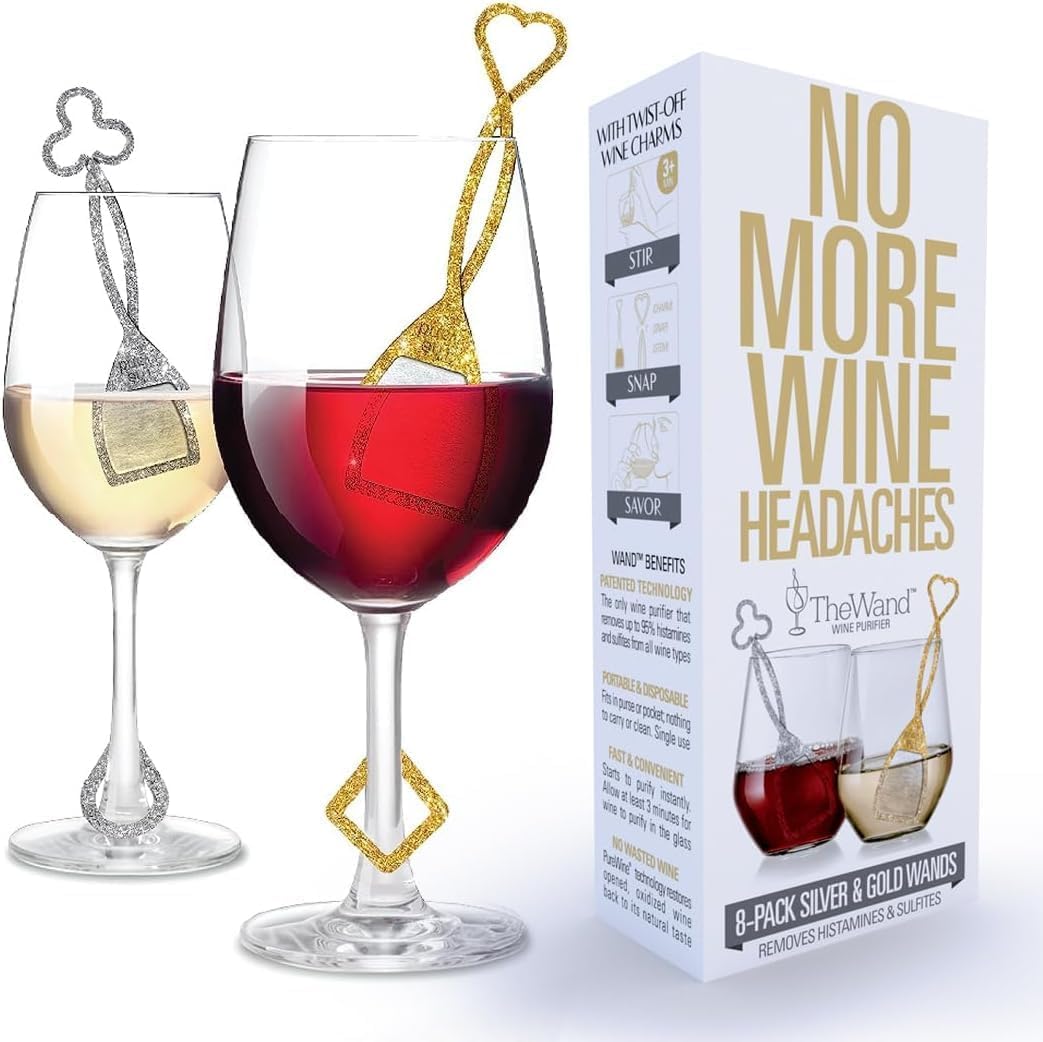 PureWine Silver & Gold Wand Filters Histamines and Sulfites - May Reduce and Alleviate Allergies & Sensitivities - Purifier Aerates to Restore Taste & Purity - Includes Wineglass Accessory