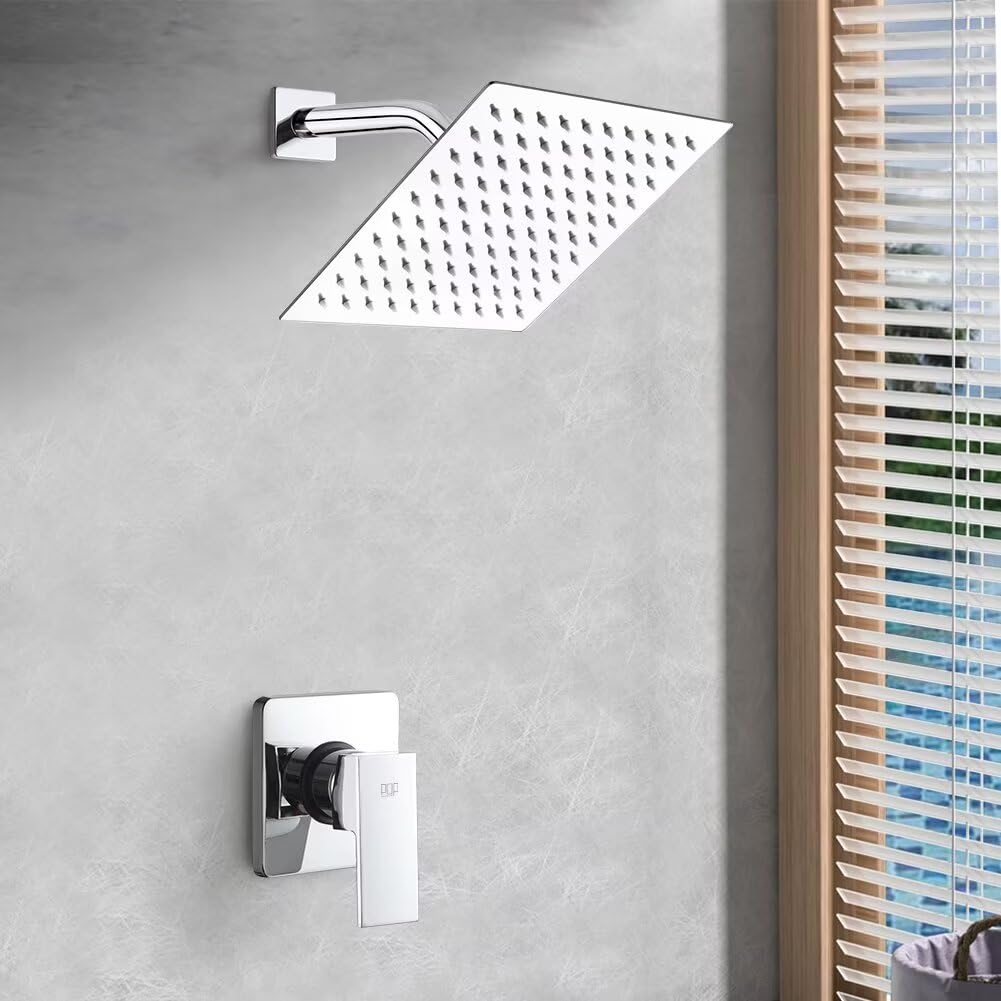 POP SANITARYWARE Single Function Shower Trim Kit with Rough-in Valve, Bathroom Rain Shower Set Bath Rainfall Shower Faucet System with Square Stainless Steel Metal Showerhead, Polished Chrome