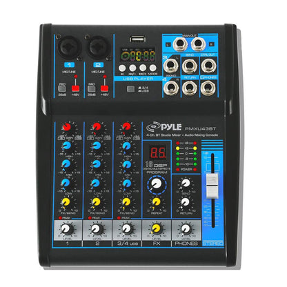 Pyle Professional Audio Mixer Sound Board Console System - Interface 4 Channel Digital USB Bluetooth MP3 Computer Input 48V Phantom Power Stereo DJ Studio Streaming FX 16-Bit DSP processor - PMXU43BT