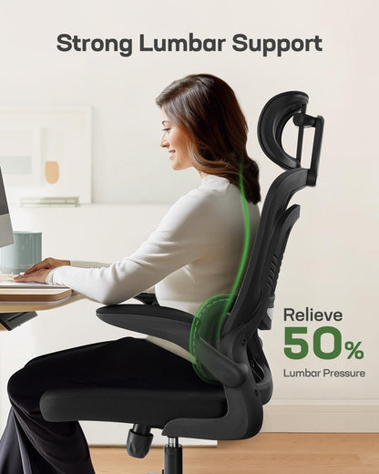 Marsail Ergonomic Office Chair with Lumbar Support, High Back Desk Chair with 2D Headrest & Flip-Up Armrests Gaming Computer Task Chair Tilt Function Black