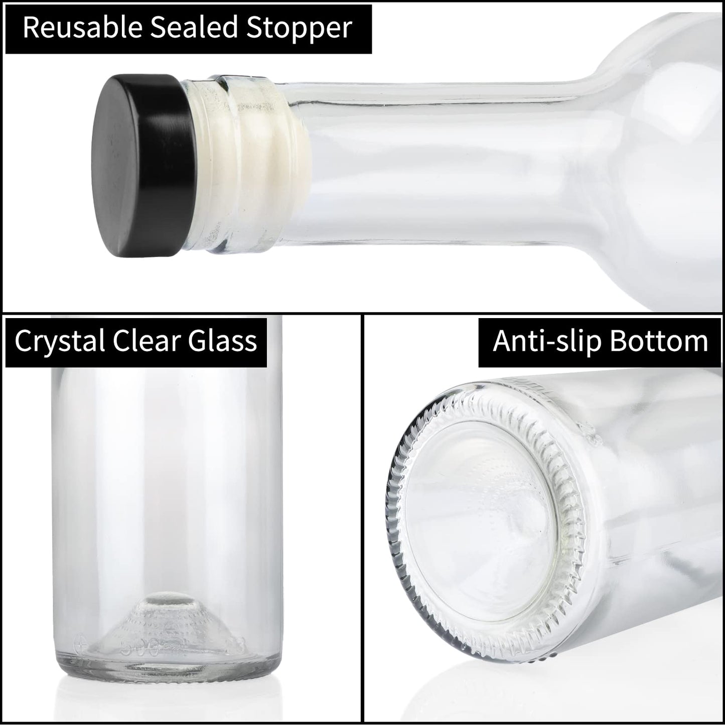 GUANENA 12 Pack 16oz Clear Glass Bottles with Cork Lids and PVC Shrink Capsules, 500 ml Empty Home Brewing Wine Bottles with Funnel for Sparkling Wine, Juice, Kombucha, Beverages