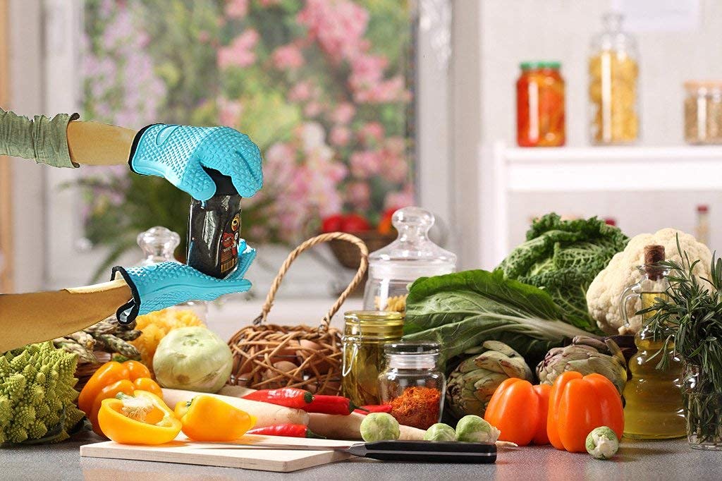 Loveuing Kitchen Oven Gloves - Dual-Layer Heat Resistant Grilling Gloves, Silicone Oven Mitts with 5 Fingers, Waterproof Non-Slip Pot Holder for Barbecue, Cooking, Baking (Blue)