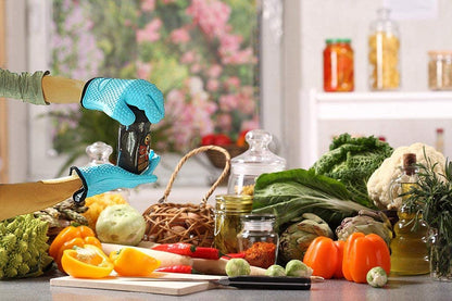 Loveuing Kitchen Oven Gloves - Dual-Layer Heat Resistant Grilling Gloves, Silicone Oven Mitts with 5 Fingers, Waterproof Non-Slip Pot Holder for Barbecue, Cooking, Baking (Blue)