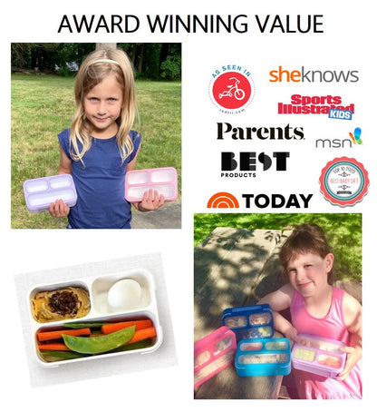 Kids Glitter Snack Container - Mini Bento Lunch-Box, Small Leakproof Container Boxes for Toddlers Girls Snacks Lunches, 3 Compartment - School Daycare Portion Containers, Pink Purple Sparkle Set of 2