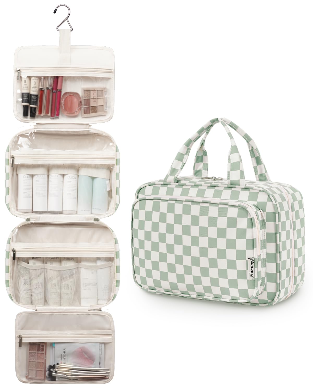Narwey Travel Toiletry Bag for Women Large Hanging Makeup Bag Organizer Toiletries Bag for Full Size Essentials Accessories Cosmetics (Mint Green Checkerboard (Large))