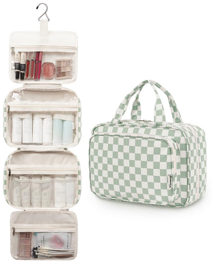 Narwey Travel Toiletry Bag for Women Large Hanging Makeup Bag Organizer Toiletries Bag for Full Size Essentials Accessories Cosmetics (Mint Green Checkerboard (Large))