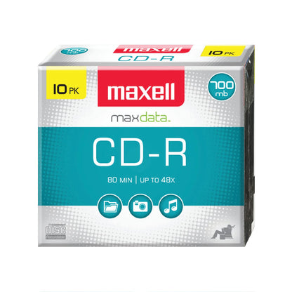 Maxell – MAX648210, CD Recordable Media - Noise-free Surface Playback CDs 700Mb Storage & Up to 48x - Blank CDs, CD Storage & Slim Jewel Case Holder – 10 Pack