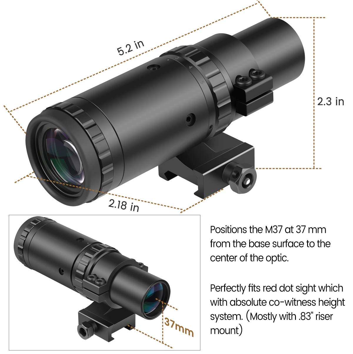 Feyachi M37 1.5X - 5X Red Dot Magnifier Focus Adjustment Optical Magnifier with Flip to Side Mount, Black