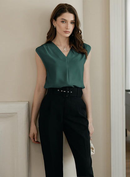 EVALESS Tank Tops for Women Trendy 2025 V Neck Pleated Sleeveless Shirts Loose Fit Summer Basic Work Vest Sea Green M