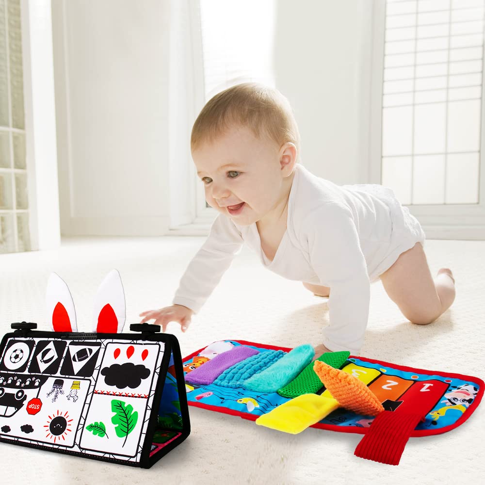Inbeby Tummy Time/Baby Mirror Toys, Black and White High Contrast Tabletop Mount Baby Newborn Toys 0 3 6 Months Brain Development, Sensory Texture Piano Infant Toys 0 3 6 Months with Squeaker