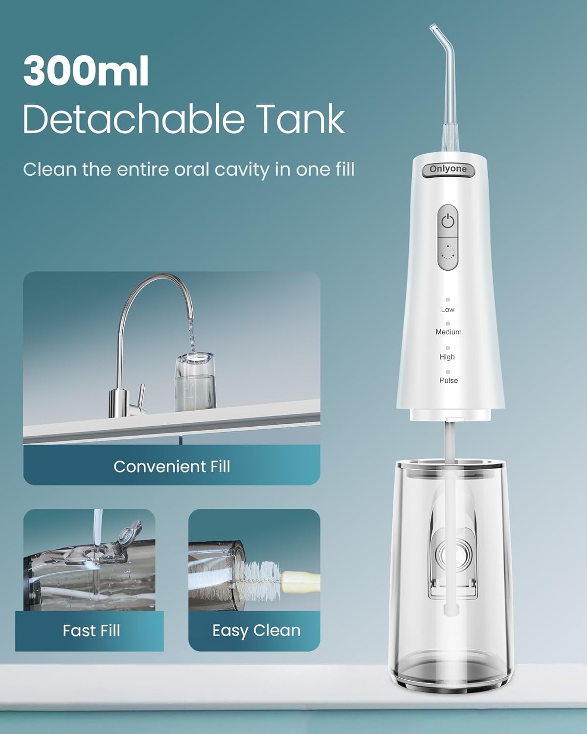 Onlyone Water Dental Flosser, 300ML Portable Oral Irrigator for Teeth, 4 Modes and 5 Jet Tips,Rechargeable Irrigation Cleaner,Electric Flossing Machine Power Flossers & Irrigator Accessories White