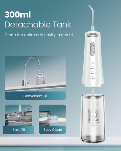 Onlyone Water Dental Flosser, 300ML Portable Oral Irrigator for Teeth, 4 Modes and 5 Jet Tips,Rechargeable Irrigation Cleaner,Electric Flossing Machine Power Flossers & Irrigator Accessories White