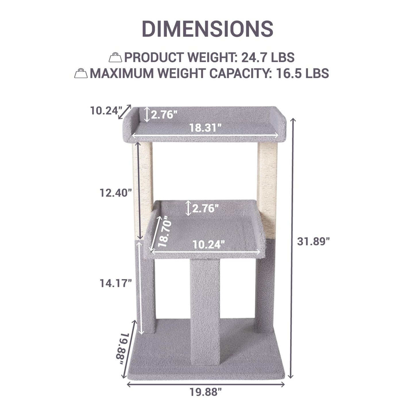 Lulu Cat Tree Tower - 2 Tier Cat condo for Large Cats Tower with Scratching Post Multi - Level Tree for Large Indoor Cats by Naomi Home Gray