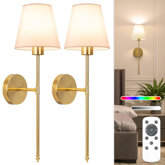 NIORSUN Battery Operated Wall Sconce Set of 2,Gold Rechargeable Wall Lights with 5200mAh Dimmable Bulbs and Remote,10 Colors Wireless Wall Lamps for Bedroom Living Room Hallway Decor