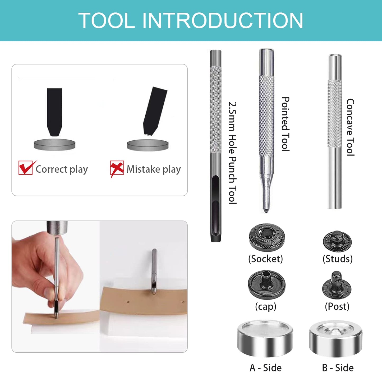 45 Set Leather Snap Fasteners Kit, 15mm Stainless Steel Leather Snaps Kit with 4 Install Tools, 3 Color Snaps for Clothes, Jacket, Down Jeans Wears, Bracelets, Bag, DIY Crafts