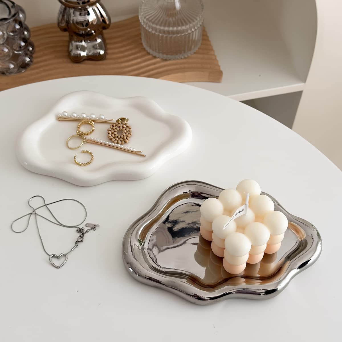 MDFAYE Jewelry Dish Trinket Tray for Women, Ring Dish Holder, Unique Cloud Shape Ceramic Plate Cute Things Vanity Aesthetic Room Decor Mother's Day Birthday (White)