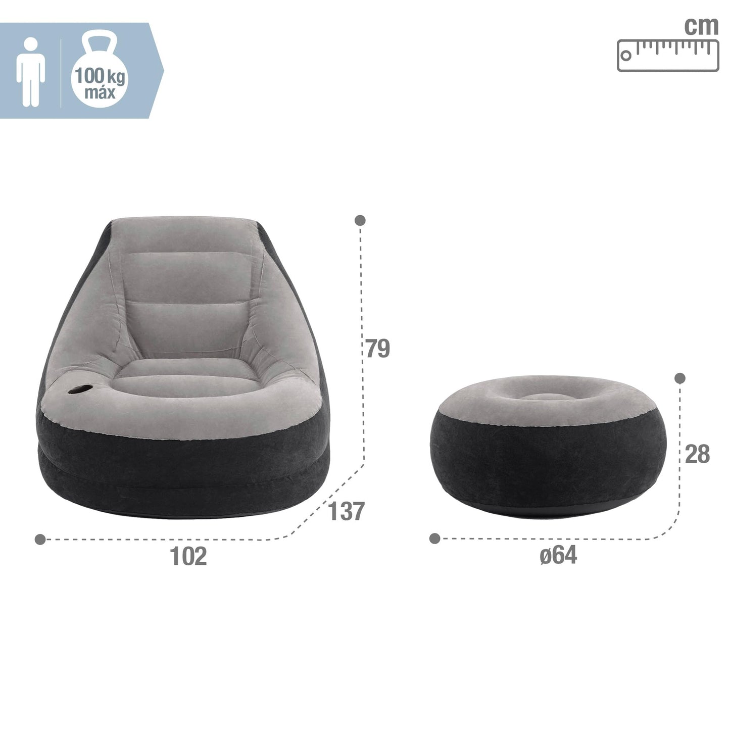 Intex 68564EP Ultra Lounge Inflatable Chair: Built-in Cupholder – Ottoman Foot Rest – 2-in-1 Valve – Flocked Construction – 220lb Weight Capacity