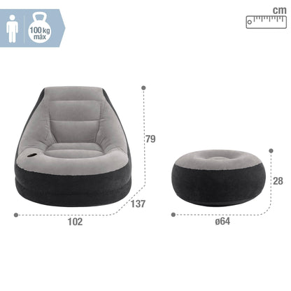 Intex 68564EP Ultra Lounge Inflatable Chair: Built-in Cupholder – Ottoman Foot Rest – 2-in-1 Valve – Flocked Construction – 220lb Weight Capacity