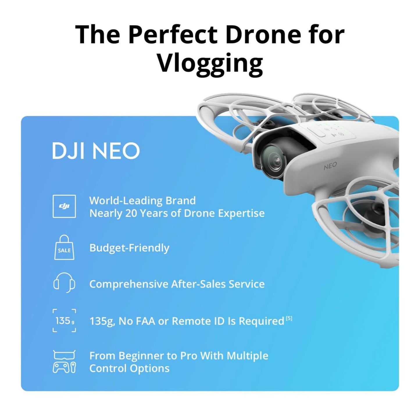 DJI Neo, Mini Drone with 4K UHD Camera for Adults, 135g Self Flying Drone that Follows You, Palm Takeoff, Subject Tracking, QuickShots, Stabilized Video, Built-In Propeller Guard (Controller-Free)