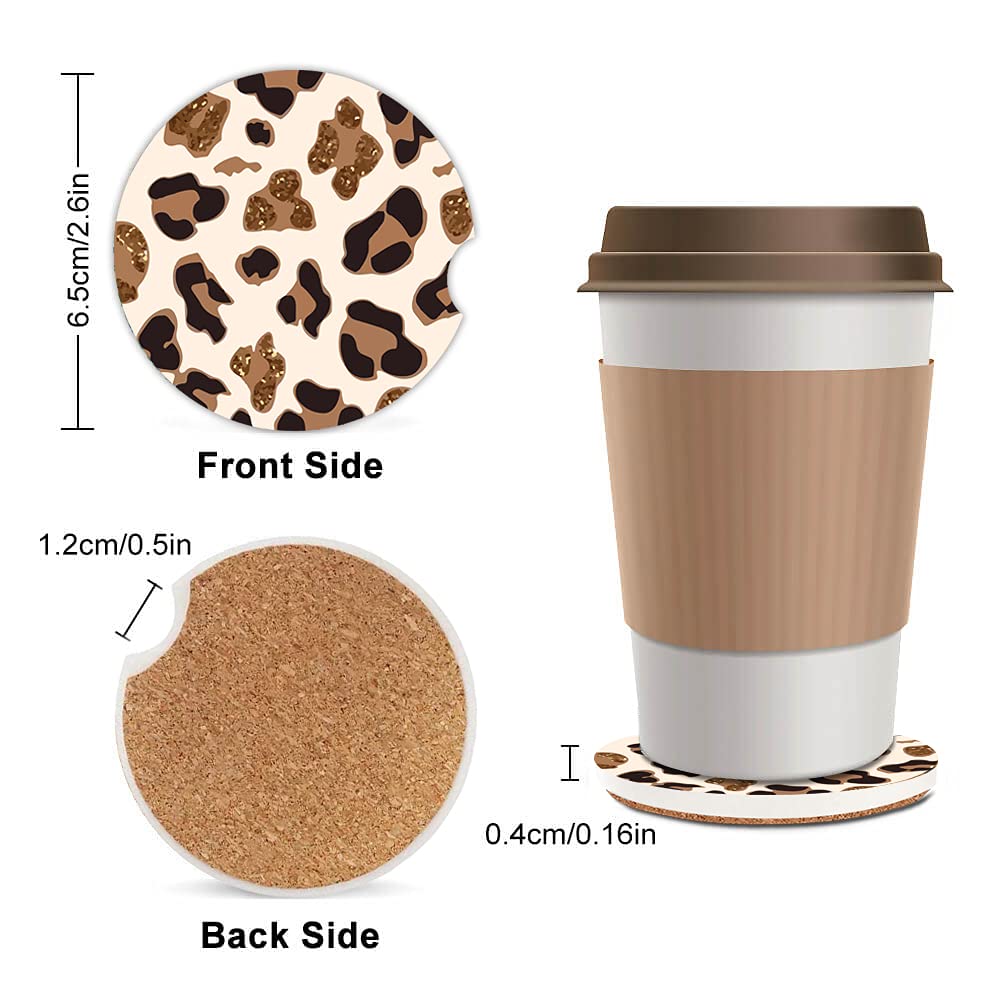 Absorbent Car Coasters 2 Pack for Women,Fashion Luxury Design Car Coaster for Drinks,Ceramic Stone Car Cup Holder with A Finger Notch,Rose Gold Leopard