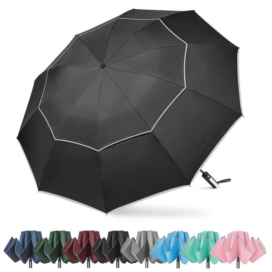 G4Free 62 Inch Windproof Inverted Umbrella with Reflective Stripe Large Compact Reverse Golf Umbrella for Rain 10 Ribs Double Canopy Travel Umbrella Automatic Open Close (Black)