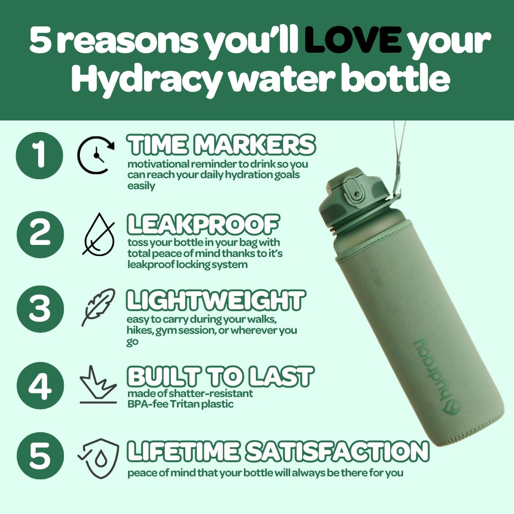 Hydracy Water Bottle with Time Marker - Large 32 oz BPA Free Gym Bottle & No Sweat Sleeve -Leak Proof Lid with Fruit Infuser Strainer & Times to Drink - Ideal for Fitness Sports & Outdoors