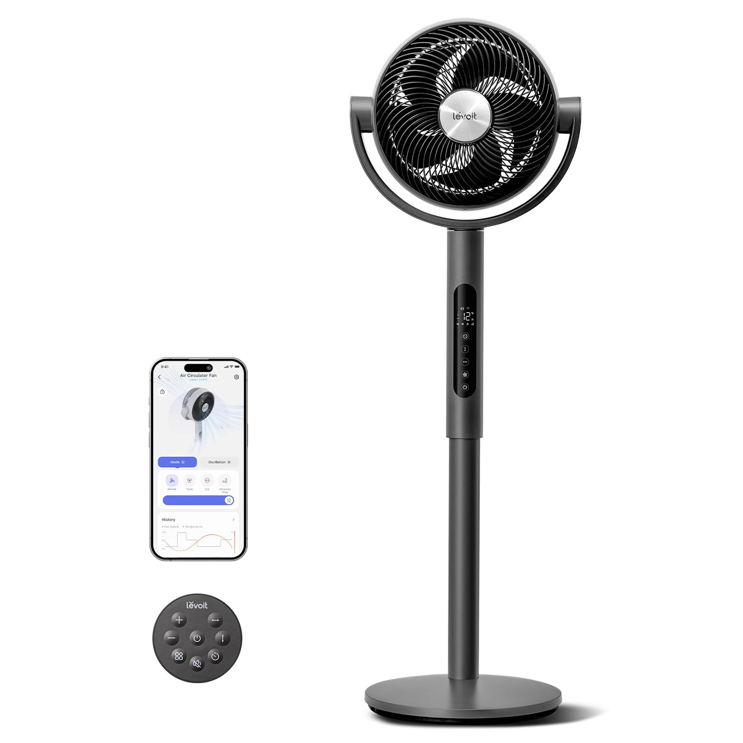Levoit Standing Smart Fan for Bedroom, 1451CFM Ultra-High Airflow, 12H Timer with WiFi/Voice/Remoter, Auto 120°+90° Oscillating, Quite 20dB, 12 Speeds, 4 Modes, DC Motor, 2 in 1 Pedestal & Tabletop