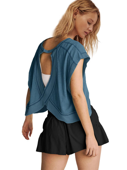 Panadila Womens Open Back Workout Top Oversized Workout T Shirts Backless Athletic Shirt Short Sleeve Baby Tee (Navy,X-Small)