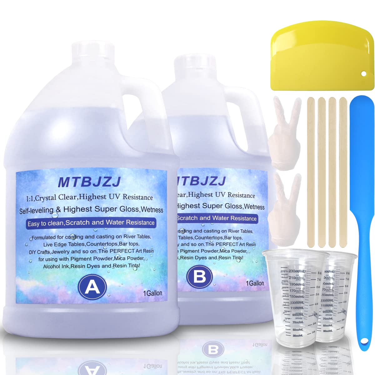 MTBJZJ Epoxy Resin 2 Gallon Kit - Crystal Clear Epoxy Resin | Self Levels for Jewelry Casting Resin Molds DIY, Arts & Crafts, Bars, Tabletop Art 1:1 Ratio(1 Gallon x 2)