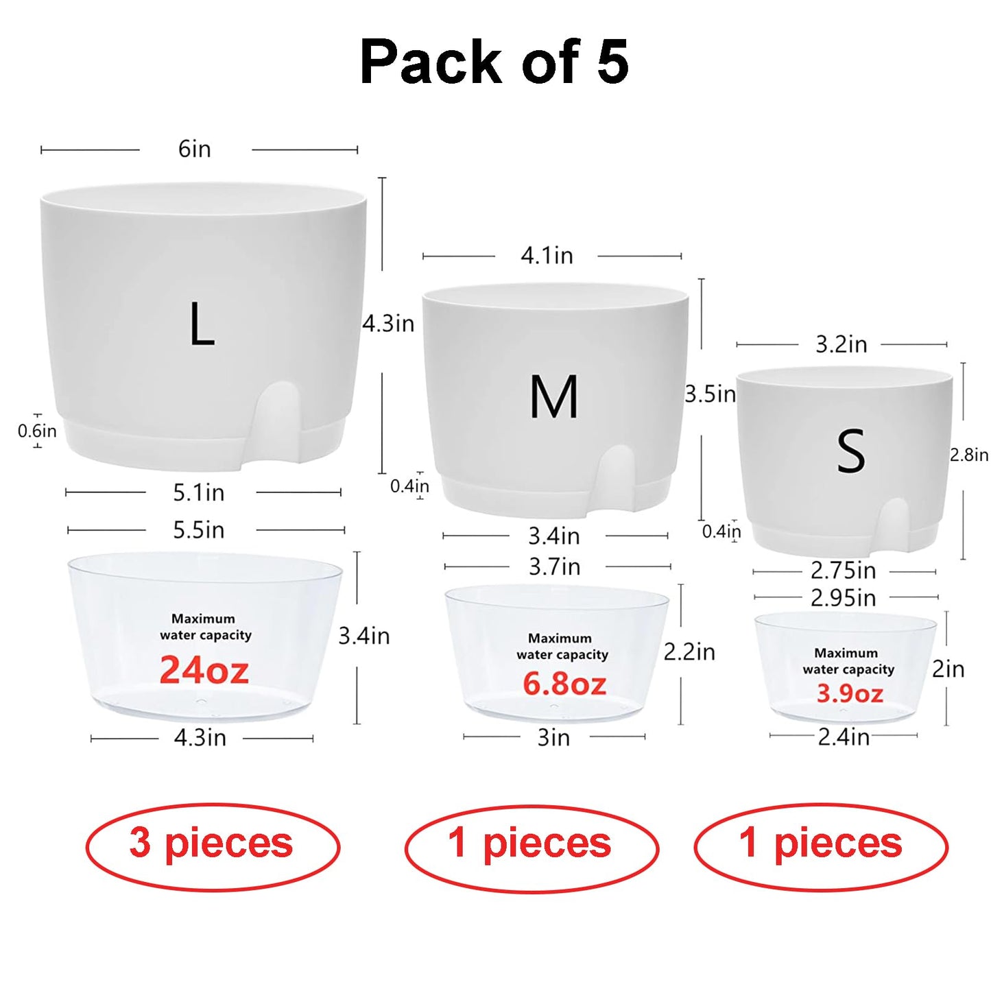 JFMAMJ Plant and Flower Pot Set, 5 Pack 6/4.1/3.2 Inch Self Watering Pots for Indoor Plants Wicking Pots, Modern Decorative Planter Pot for House Plants, Aloe, Herbs, African Violets, Succulents