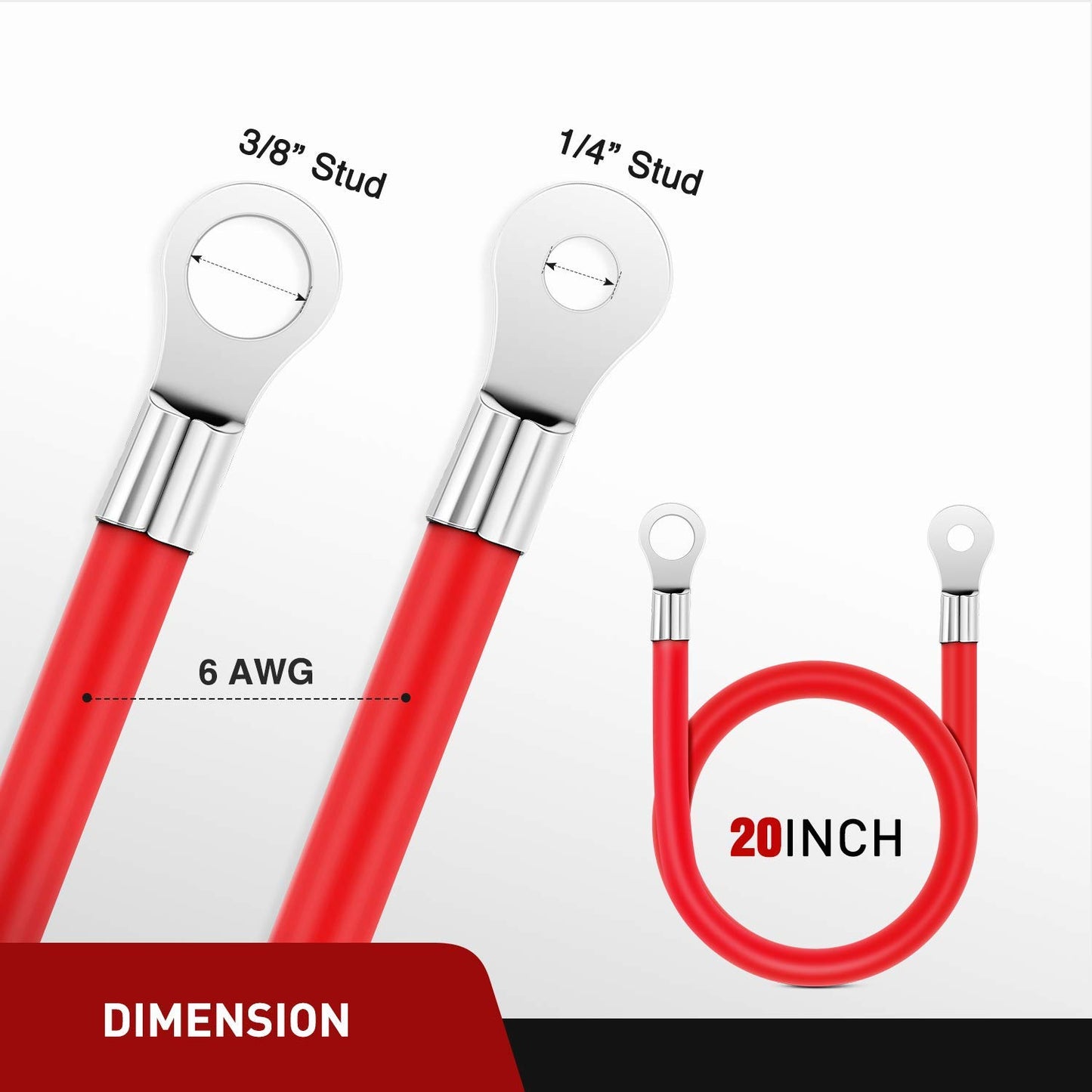 Nilight 6 AWG 20 Inch Each Battery Power Inverter Cables w/Tinned Wire Terminals Red Black 3/8 Inch Lugs Copper Parallel Oxygen-Free Wires for Solar Motorcycle Automotive Cars