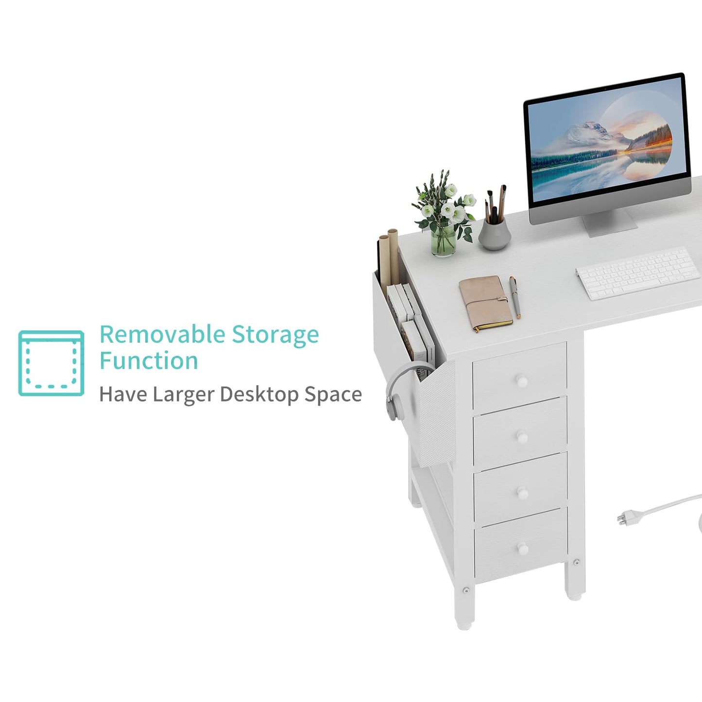 Lufeiya White L Shaped Computer Desk with Drawers & Storage Shelves, 47 Inch Corner Reversible Desk with Power Outlet for Home Office Bedroom, L-Shaped Teen PC Desks with Fabric Drawer, White