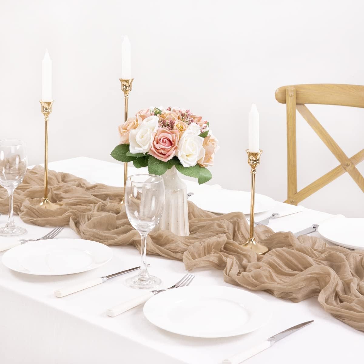 MLMC Nude Cheesecloth Table Runner Extra Long 13.3ft Boho Neutral Taupe Cheese Cloth Table Runner Extra Long Fall Decor 35 x 160 inches for Bridal Shower Party Outdoor Events Decor